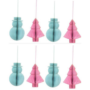 Christmas Ornaments Set Of 8 Paper 4" Tree Snowman Pink Blue Holiday H For Happy